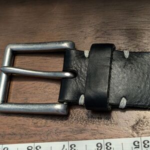 Genuine Leather Silver Tone Buckle Belt, Unisex Black, Size XL, Unisex